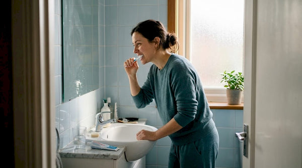 Woman performing gum care routine at sink