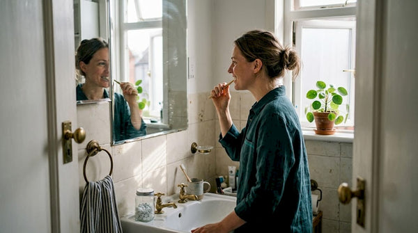 Woman brushing teeth with eco toothbrush