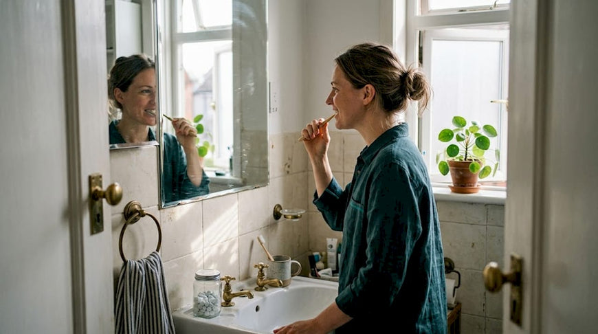 Woman brushing teeth with eco toothbrush