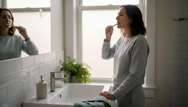 Woman using eco toothbrush during morning routine