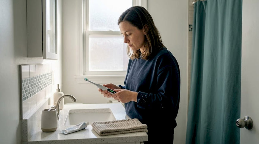 Woman checks electric toothbrush battery in bathroom