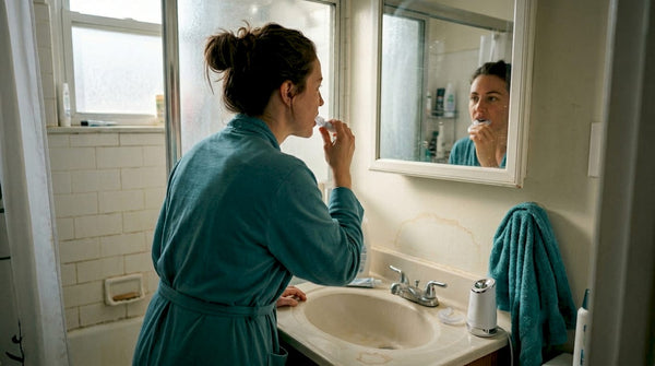 Woman fits mouthpiece toothbrush in small bathroom