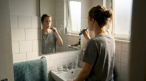 Woman brushing teeth with electric toothbrush