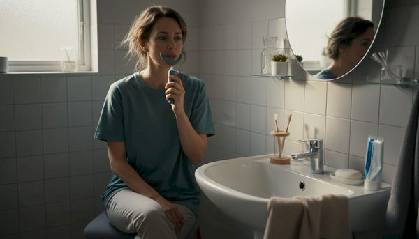 Woman using full mouth toothbrush in morning bathroom