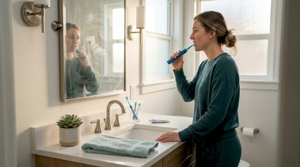 Woman using an automatic toothbrush in sunny bathroom