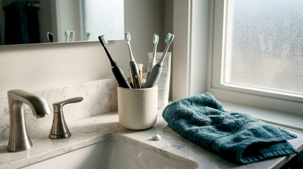 Five timer electric toothbrushes on bathroom counter