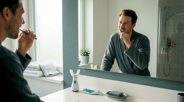 Man brushing teeth at bathroom counter in morning
