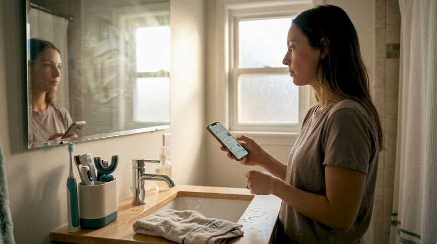 Woman using mouthpiece toothbrush in bathroom