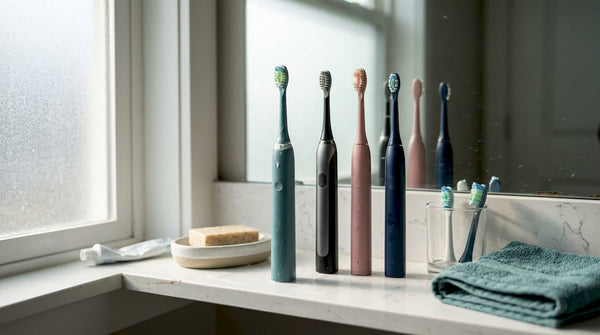 Four electric toothbrushes on bathroom shelf