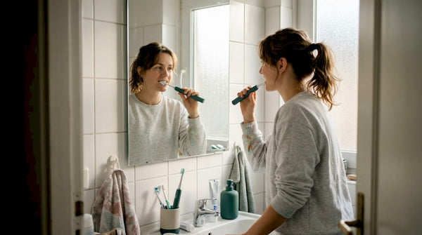 Woman brushing with electric toothbrush in bathroom