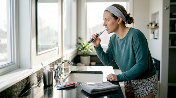 Woman using automatic toothbrush in morning bathroom routine