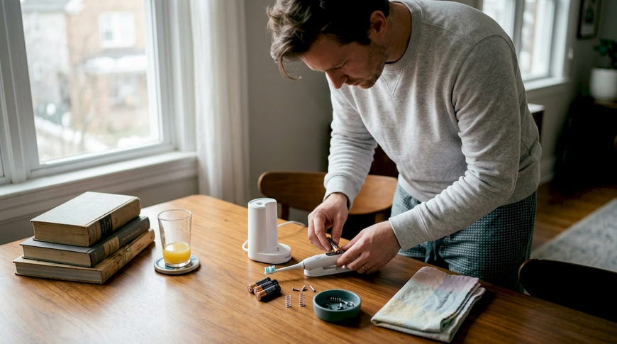 Man changing electric toothbrush battery in kitchen