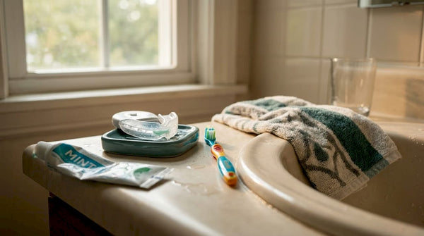 Toothbrush mouth guard device on bathroom counter