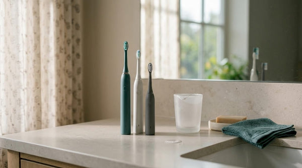Three battery toothbrushes on bathroom counter