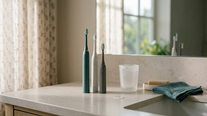 Three battery toothbrushes on bathroom counter