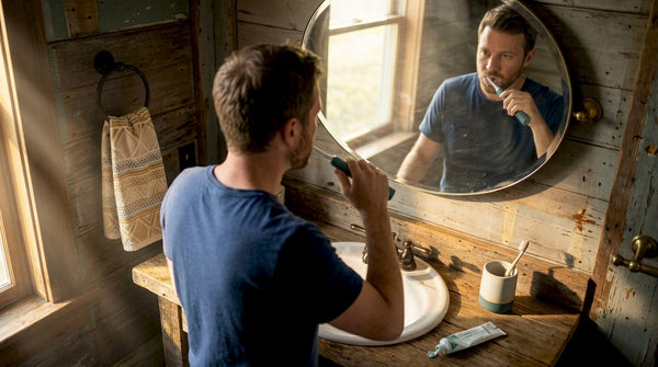 Man brushing teeth in bright morning bathroom