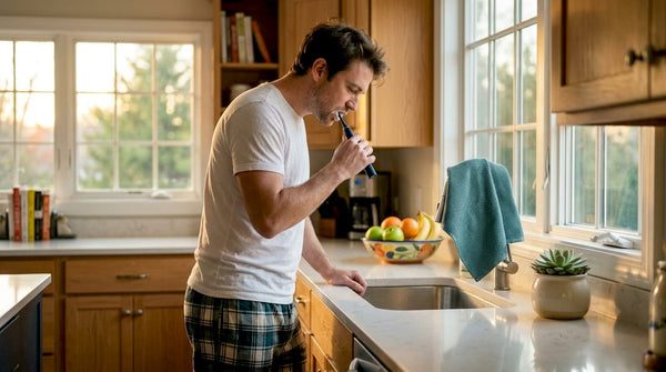 Man uses automatic toothbrush at bathroom sink