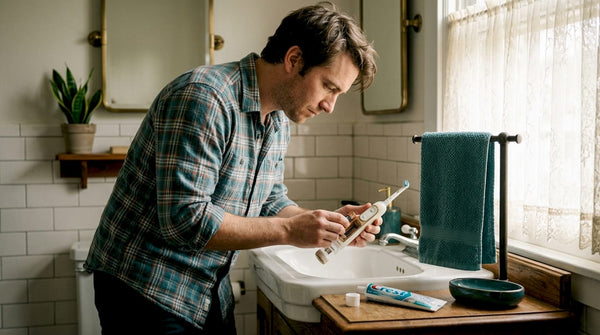 Man changing battery in electric toothbrush at bathroom sink