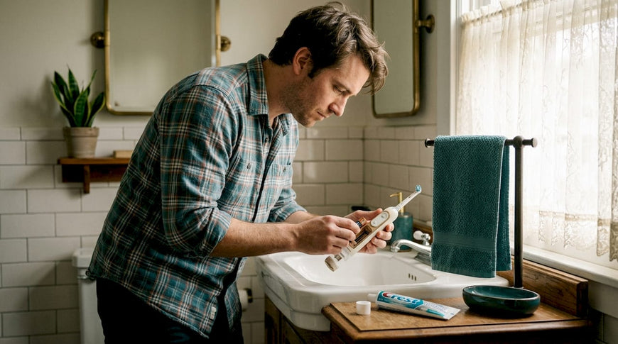 Man changing battery in electric toothbrush at bathroom sink