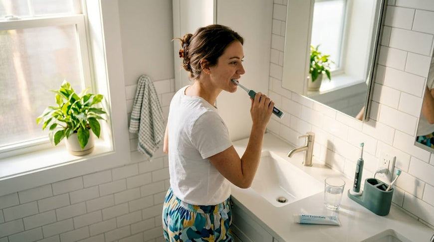 Adult brushing teeth with timer in bathroom