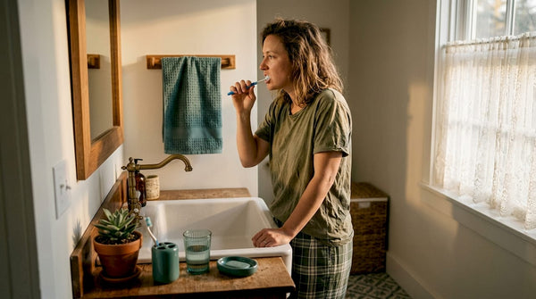 Woman brushing teeth morning bathroom routine