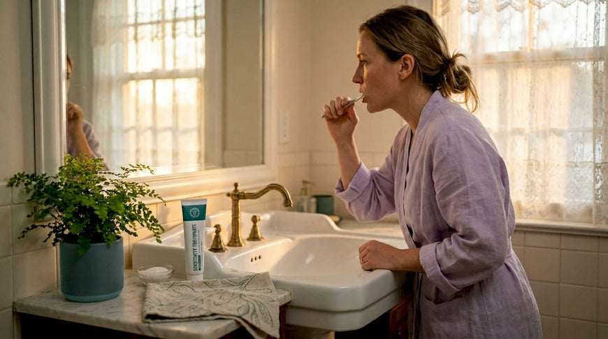 Woman brushing teeth with sensitivity toothpaste