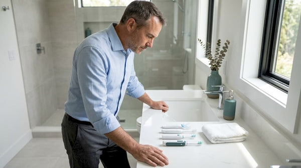 Man comparing mouthpiece toothbrush alternatives