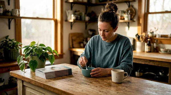 Woman preparing baking soda paste for teeth