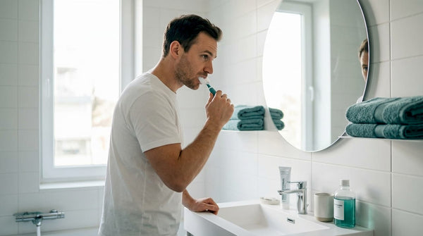 Man uses whole mouth toothbrush at bathroom sink