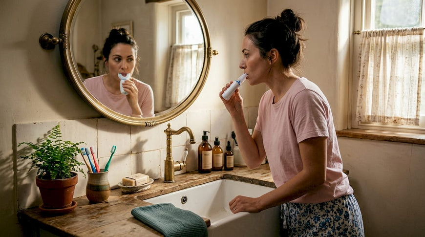 Woman using U-shaped toothbrush in bright bathroom