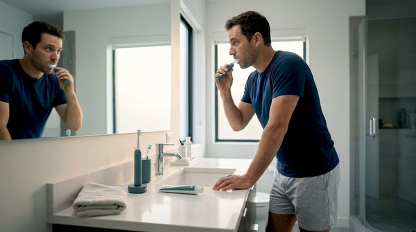 Man using mouthpiece toothbrush at bathroom sink