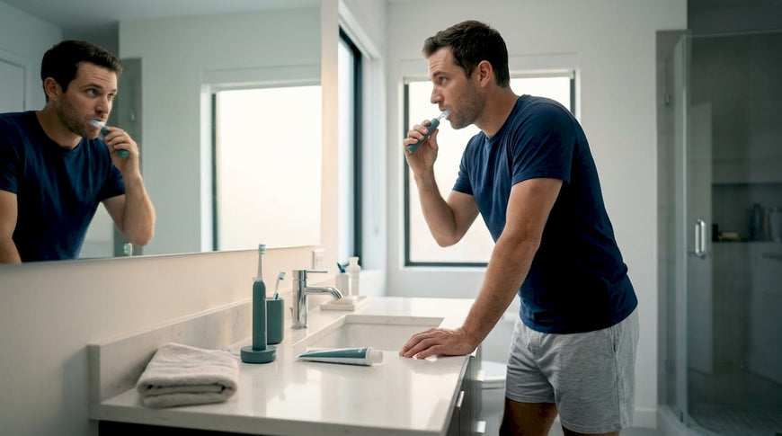 Man using mouthpiece toothbrush at bathroom sink