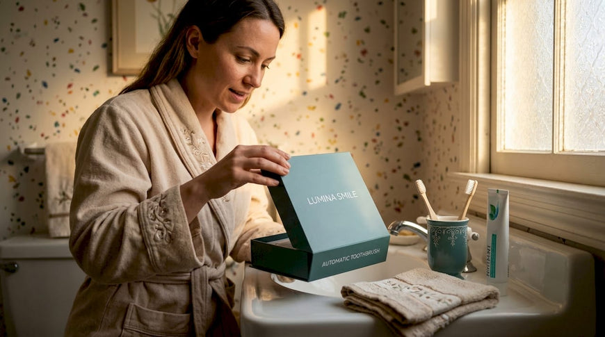 Woman unboxing automatic toothbrush at bathroom sink