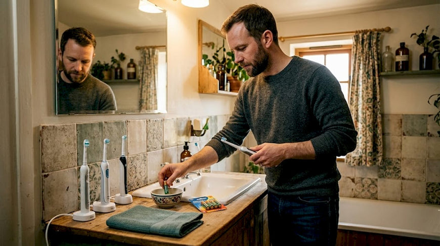 Man chooses battery for electric toothbrush in bathroom