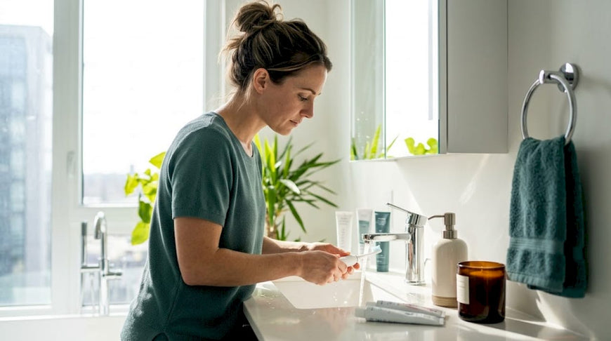 Woman rinses mouthpiece toothbrush in bathroom