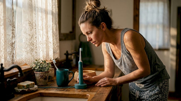 Woman with electric toothbrush at bathroom counter