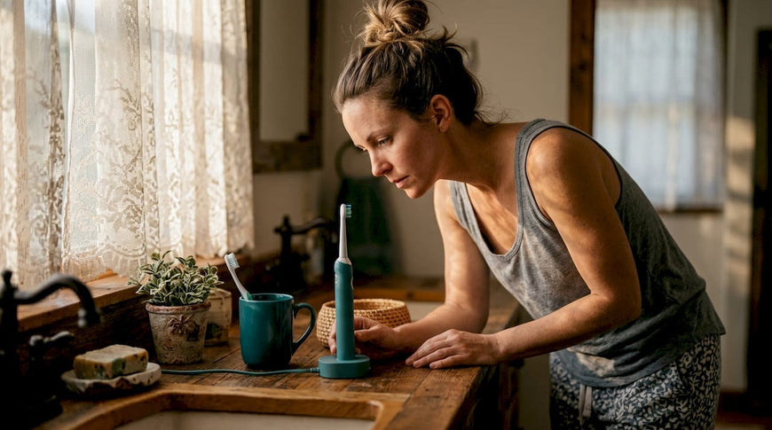 Woman with electric toothbrush at bathroom counter