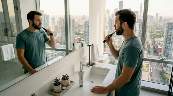 Man using timed electric toothbrush at home bathroom