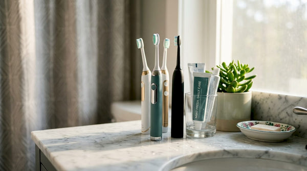 Close-up of various electric toothbrushes on bathroom counter
