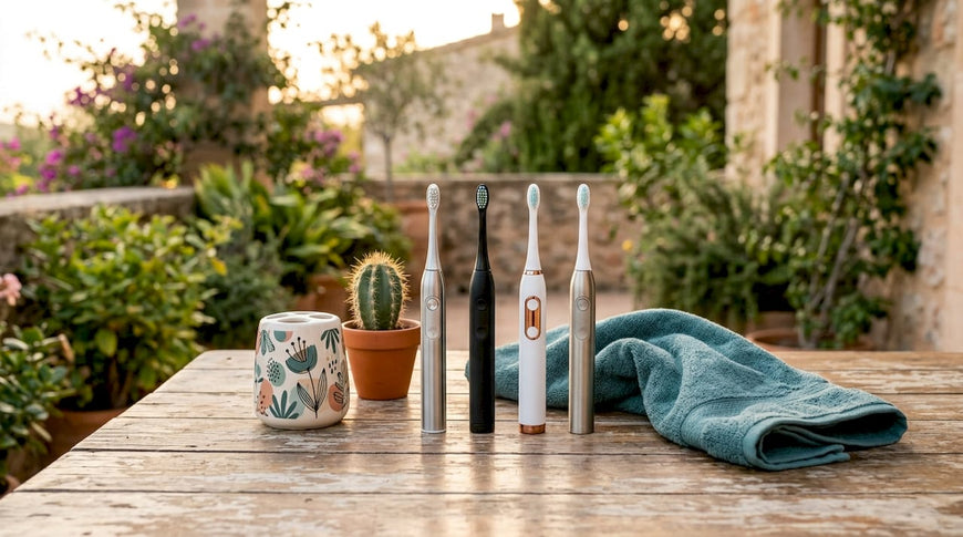 Four 360-degree electric toothbrushes on bathroom counter