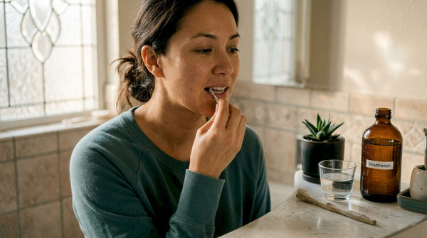 Person cleaning teeth with interdental brush
