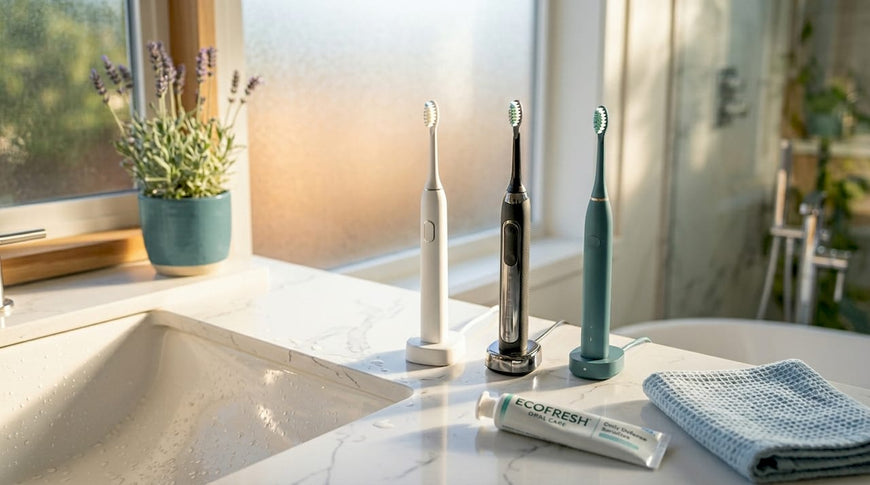 Three electric toothbrushes displayed on bathroom countertop