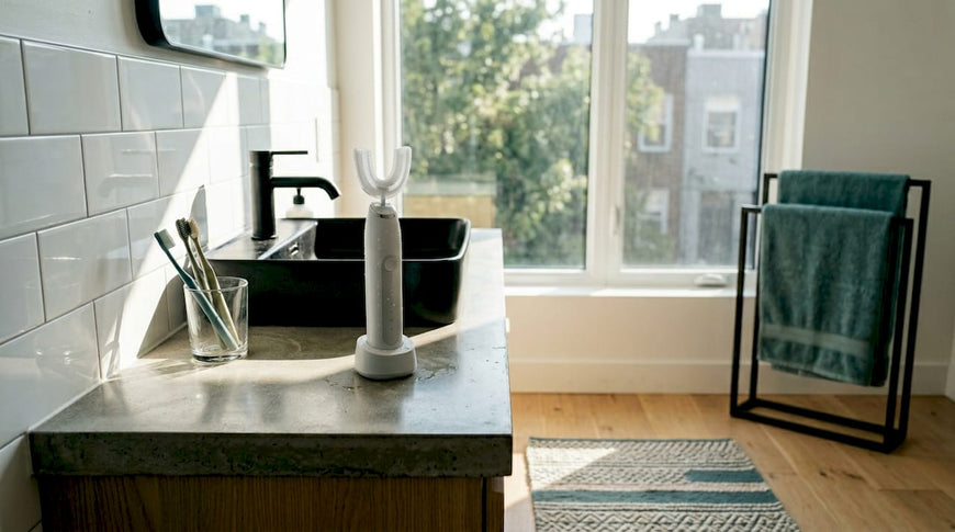 360 automatic toothbrush on bathroom counter