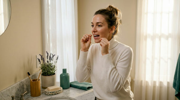Person flossing teeth at home bathroom