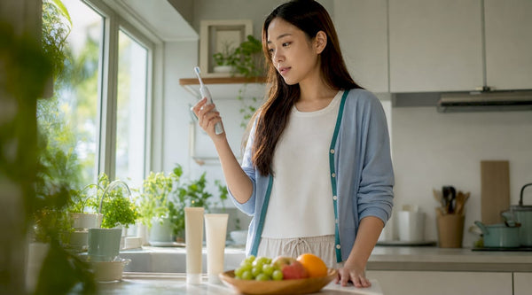 Woman examining AI smart toothbrush in bathroom