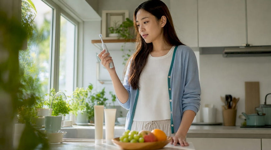 Woman examining AI smart toothbrush in bathroom