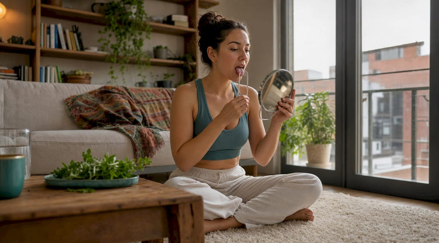 Woman performing tongue cleaning in bathroom mirror