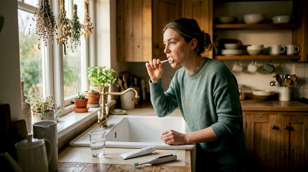 Woman brushing teeth in bathroom mirror