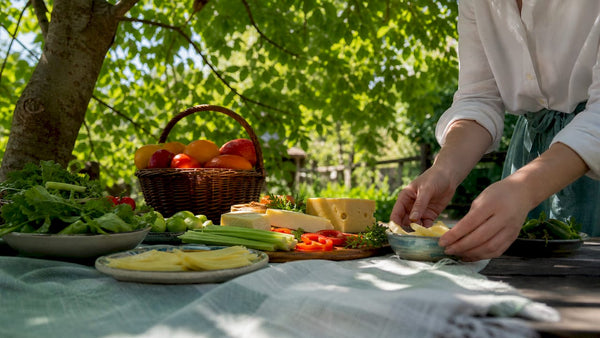Display of tooth-healthy foods on kitchen table