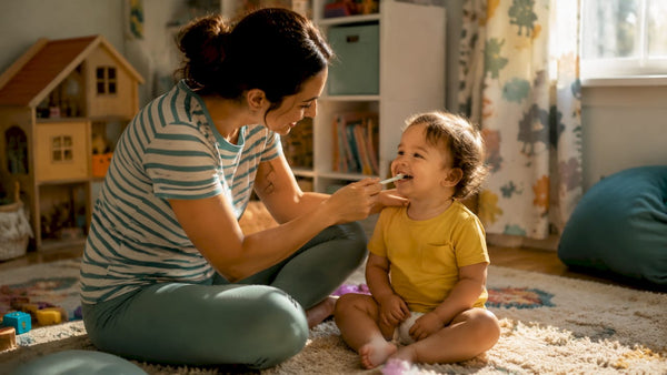 Mother brushing toddler's teeth in bathroom